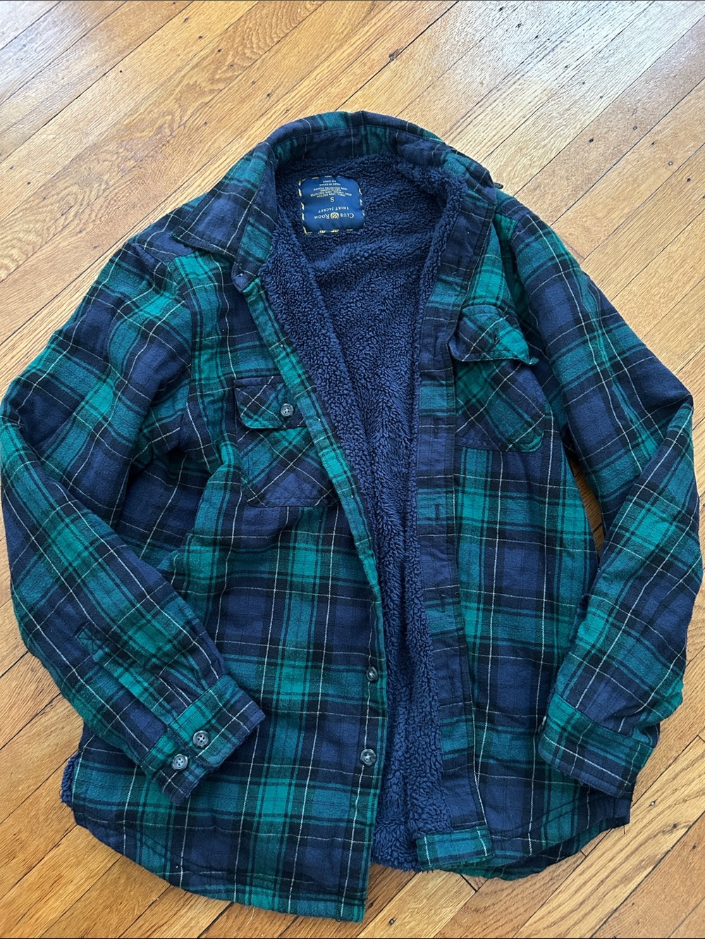 Club Room Men’s Green and Navy Plaid Fleece Shirt Jacket Size Small